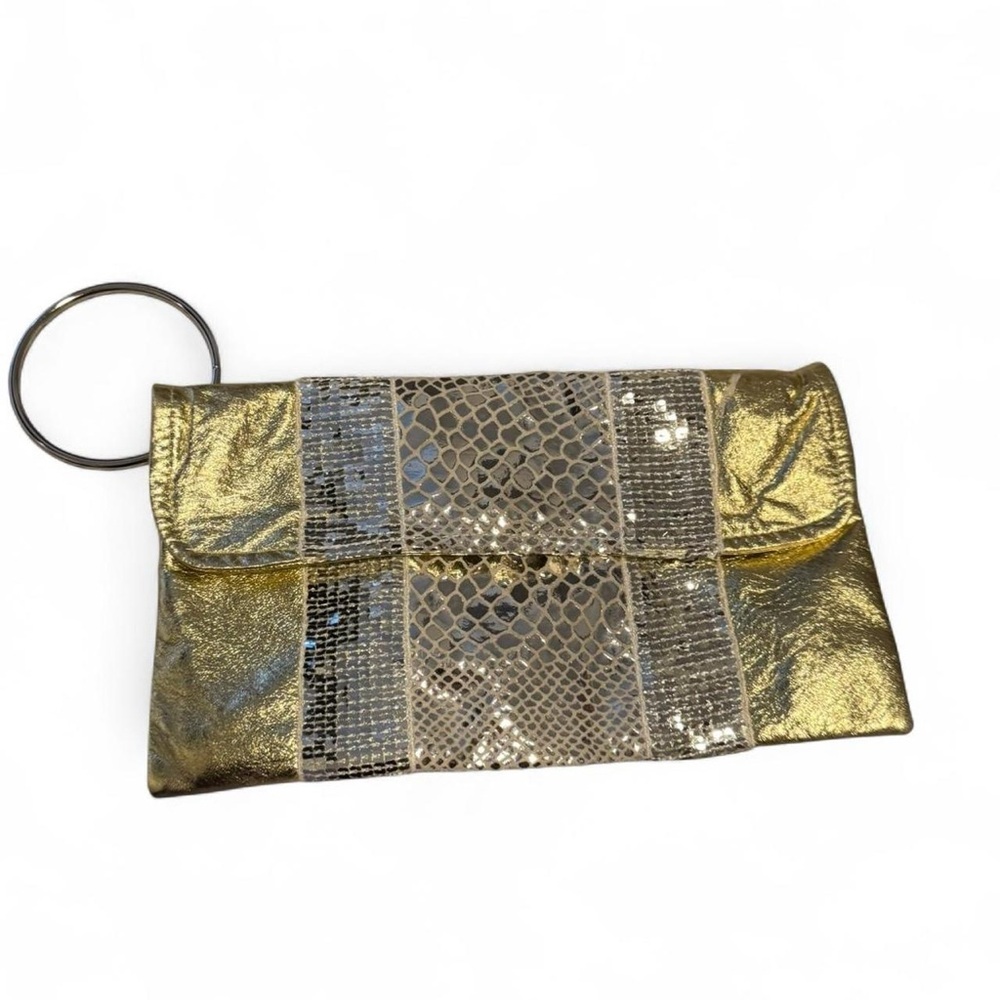 Gold Metallic Wristlet Clutch with Snake-Print Panel